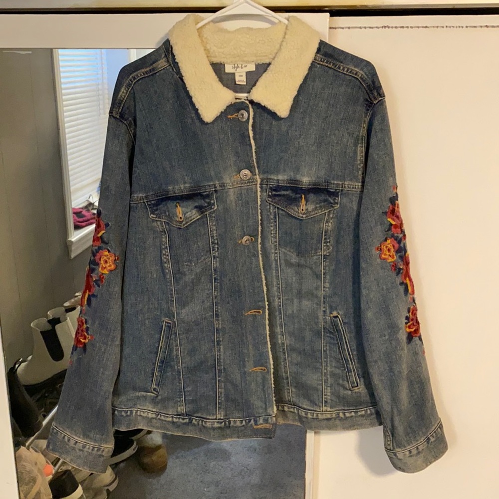 Embroidered Denim Jacket with Sherpa Collar